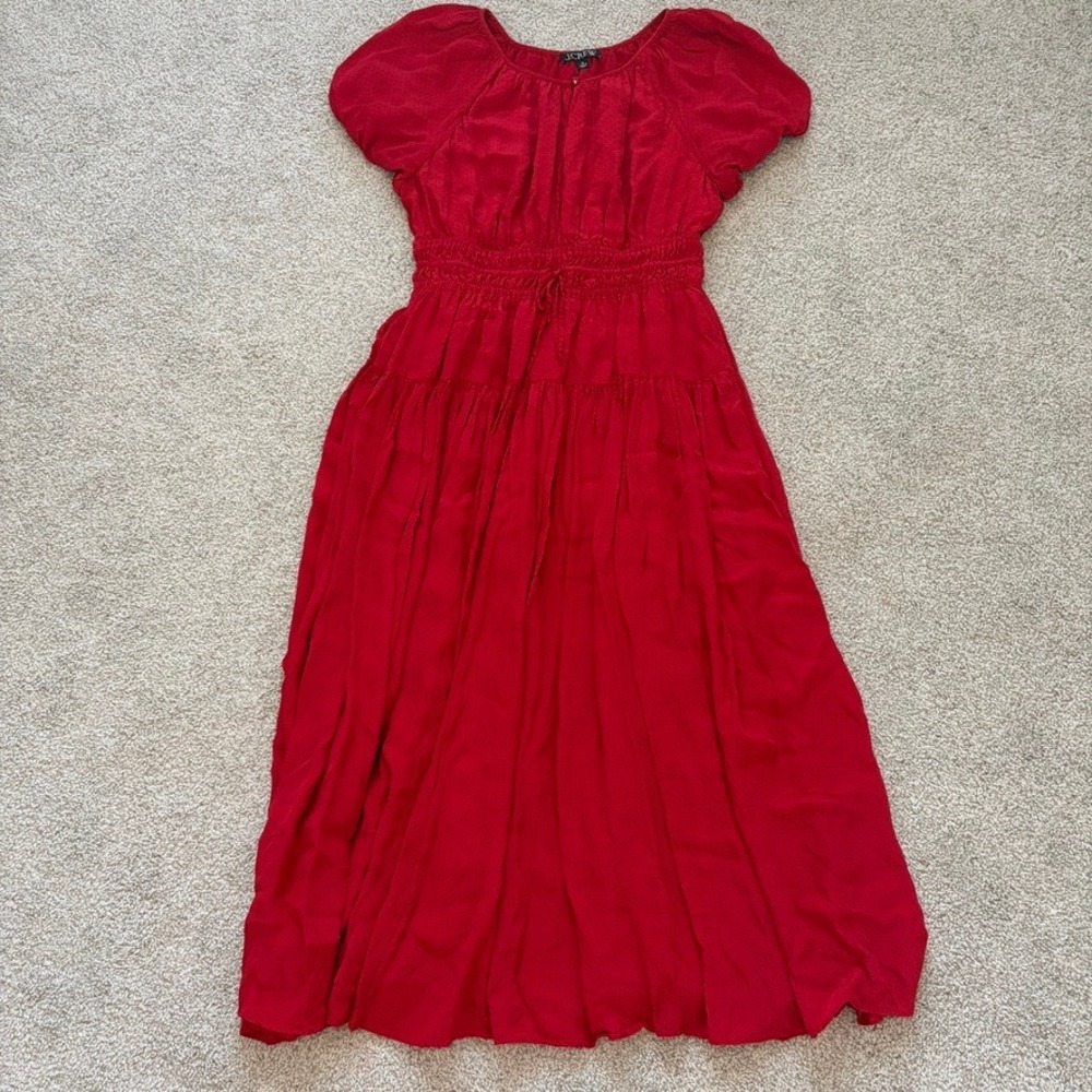 J.Crew Elena Puff Sleeve Midi Dress Womens M Red Polka Dot Flowy Retro Twee
